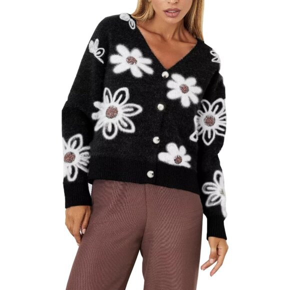 Women Floral Print Knitted Button Down Cardigan V Neck Drop Shoulder Outerwear